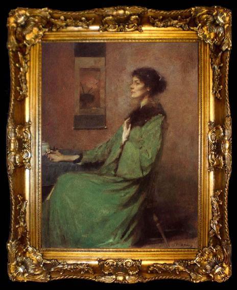 framed  Thomas Wilmer Dewing Portrait of lady holding one rose, ta009-2